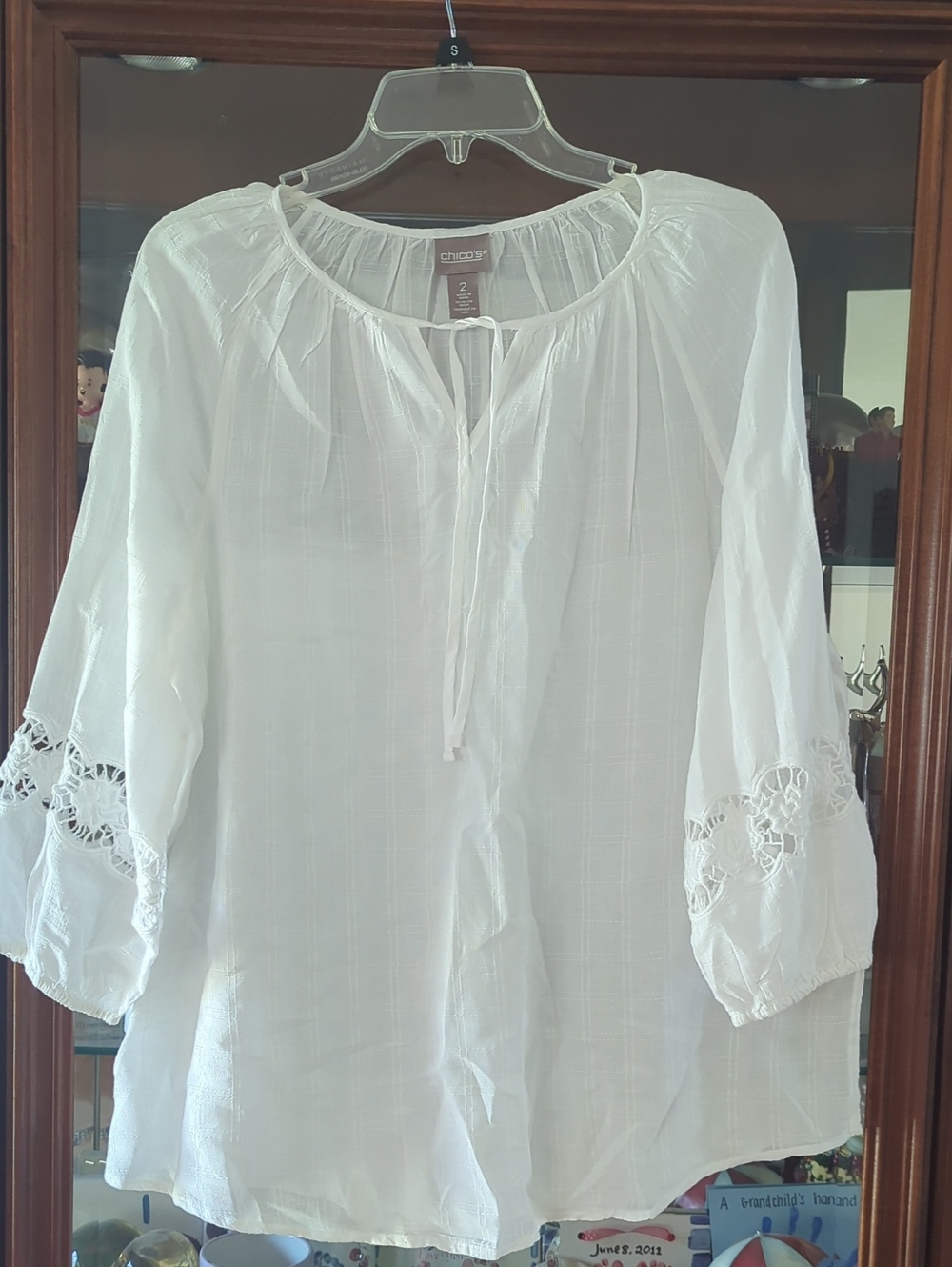 Chico's White Peasant Tie-Neck Blouse with Lace Insets